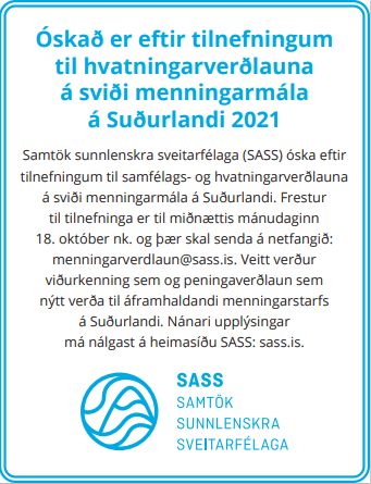 Óskað eftir tilnefningum til hvatningarverðlauna á sviði menningarmála á Suðurlandi 2021