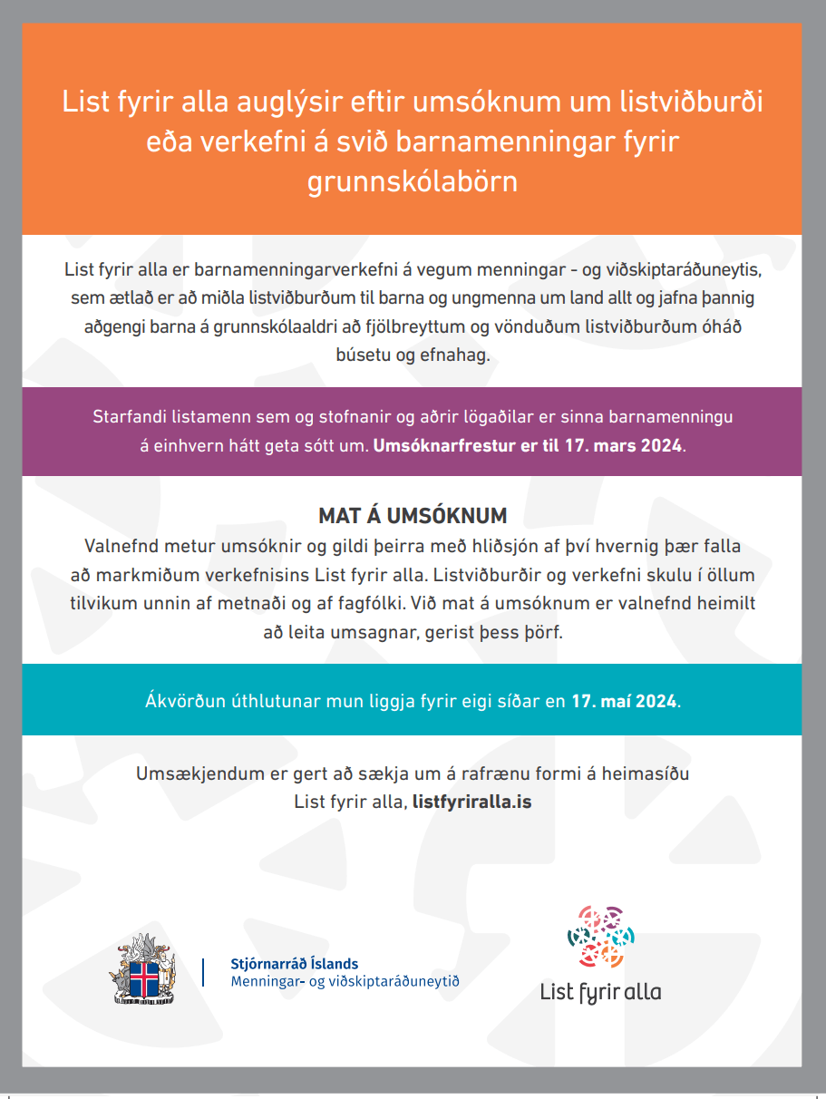List fyrir alla auglýsir eftir umsóknum um listviðburði eða verkefni á svið barnamenningar fyrir grunnskólabörn
