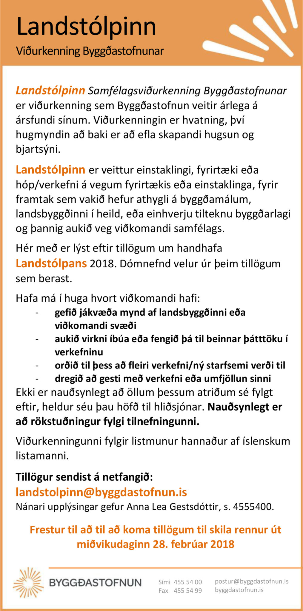 Óskað eftir tillögum til Landstólpans 2018