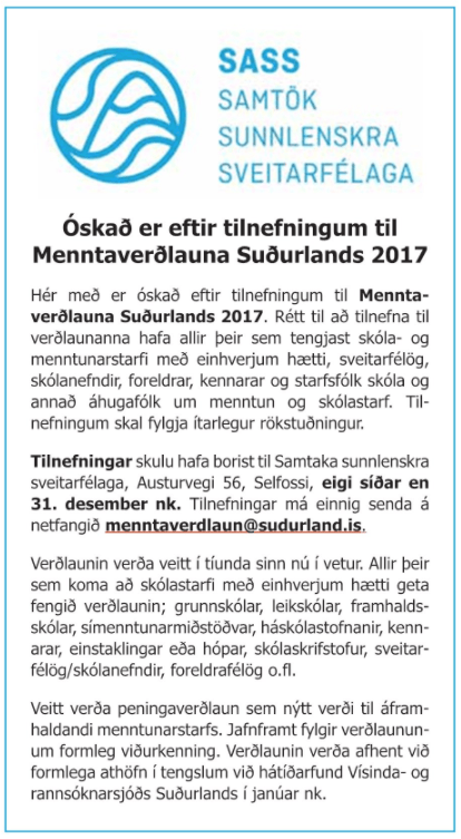 Óskað er eftir tilnefningum til Menntaverðlauna Suðurlands 2017