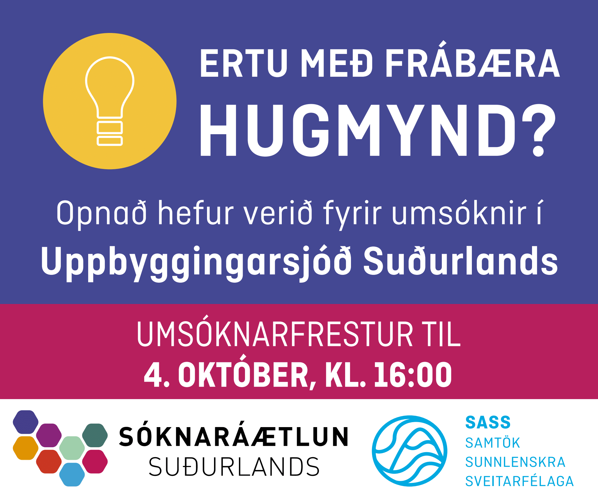 Opnað hefur verið fyrir umsóknir í Uppbyggingarsjóð Suðurlands, haustúthlutun 2022