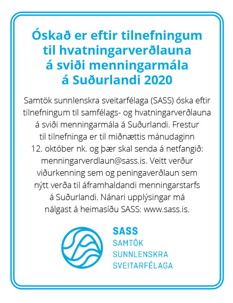 Óskað er eftir tilnefningum til hvatningarverðlauna á sviði menningarmála á Suðurlandi 2020