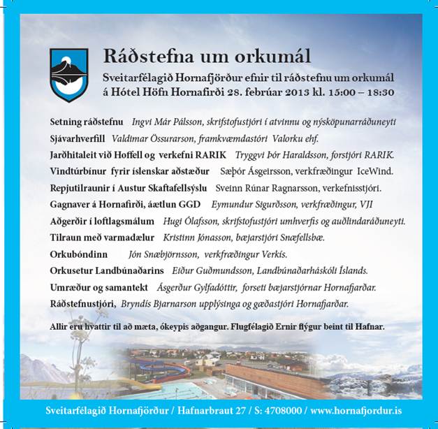 Ráðstefna um orkumál á Hótel Höfn í beinni útsendingu á netinu í dag